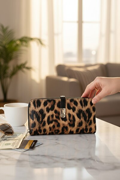 Classbag Kadın Leopar Desenli Telefon Bölmeli Cüzdan
