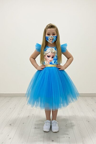 ABİYEKİDS Mavi Elsa Maskeli Abiye Kostüm Parti Elbisesi Aby6788