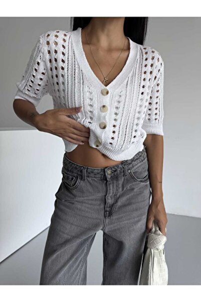 AlanTeks كارديجان نسائي قصير الأكمام بنمط مخرم وتفاصيل أزرار، مصنوع من القطن ...