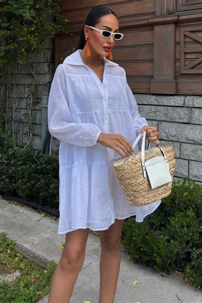 pusula sepeti Shirt collar pleated dress 2898