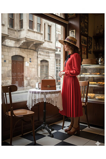 Namaste Vintage Kırmızı renk kurdele detaylı pileli özel dikim vintage elbise