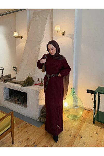 Marselline Bordo Astarlı Örme Elbise