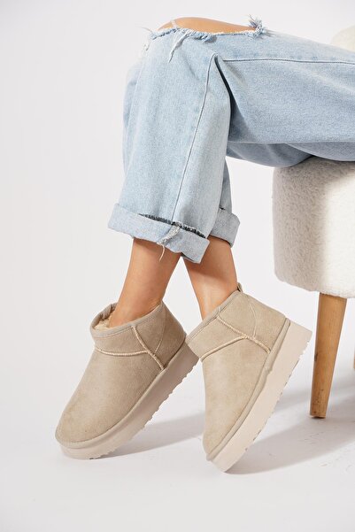 Moda Pie Poofy Kalın Taban İçi Kürklü Kadın Bot Ten Süet