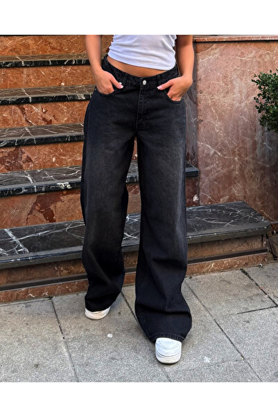 deqfashion Women's Anthracite Low Waist Wide Leg Baggy Jean Pants