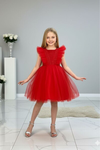 ABİYEKİDS Κόκκινο τούλι με λάμψη παιδικό βραδινό φόρεμα ABY4520