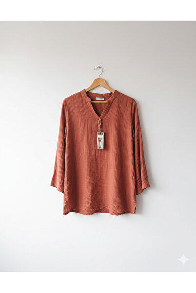 Namaste Vintage Tan Color V-Neck Button-Down Muslin Shirt (100% Cotton)
