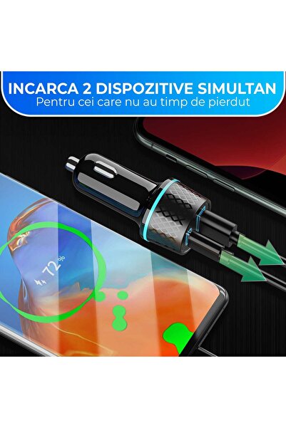 Timebox Încărcător auto, încărcare super rapidă 43W, 1 x USB QC 3.0, 1 x USB-C, lumini LED, universal, negru