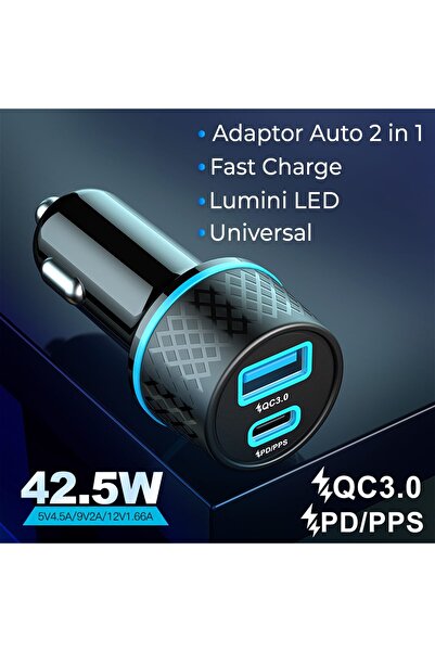 Timebox Încărcător auto, încărcare super rapidă 43W, 1 x USB QC 3.0, 1 x USB-C, lumini LED, universal, negru