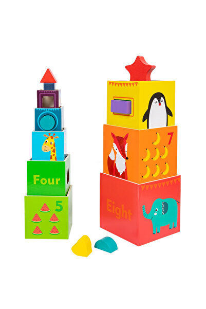 Toyska Turn Montessori de stivuire 2 in 1 din lemn, 8 cuburi Fructe si Animal...