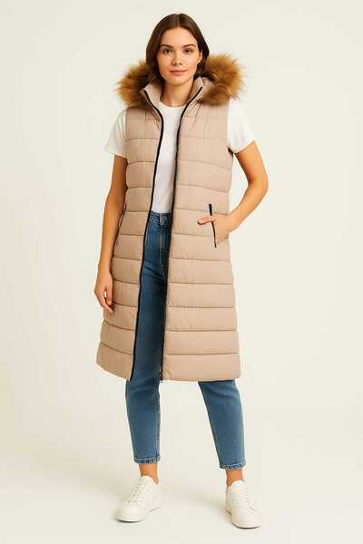 MODA kapüşonlu kürklü kadın şişme yelek,kapuşonlu tak çıkar kürklü şişme yelek.kadın şişme yelek