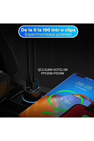 Timebox Încărcător auto, încărcare super rapidă 43W, 1 x USB QC 3.0, 1 x USB-C, lumini LED, universal, negru