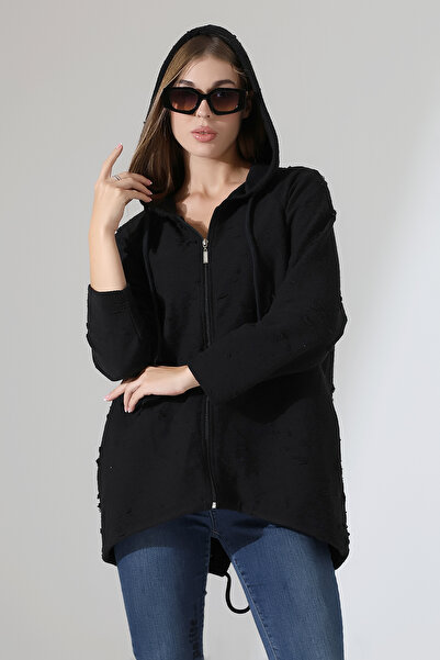 Esberin Kadın Devore Baskılı Kapüşonlu Fermuarlı Owersize Sweatshirt Hırka