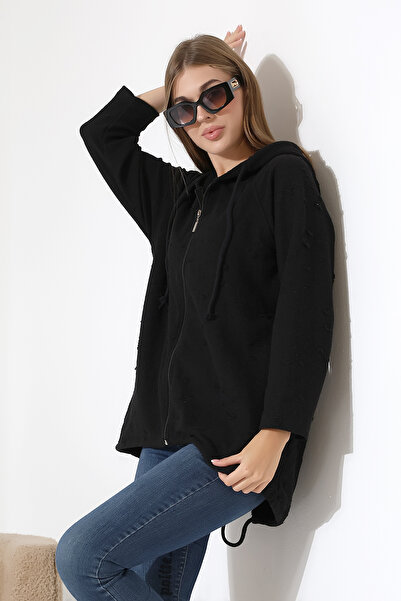 Esberin Kadın Devore Baskılı Kapüşonlu Fermuarlı Owersize Sweatshirt Hırka