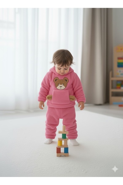 MeaShop طقم أطفال ورضع بغطاء للرأس مطرز على شكل دمية دب من القطيفة / قماش صوف...