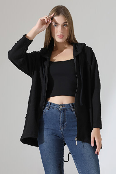 Esberin Kadın Devore Baskılı Kapüşonlu Fermuarlı Owersize Sweatshirt Hırka