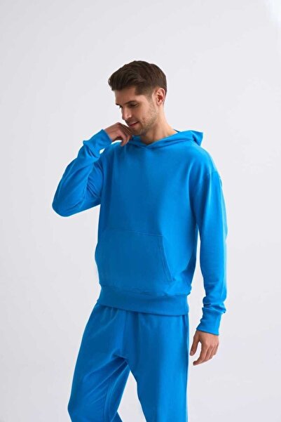 THERECOLOR Blue Hooded Long Sleeve Organic Men's Sweatshirt