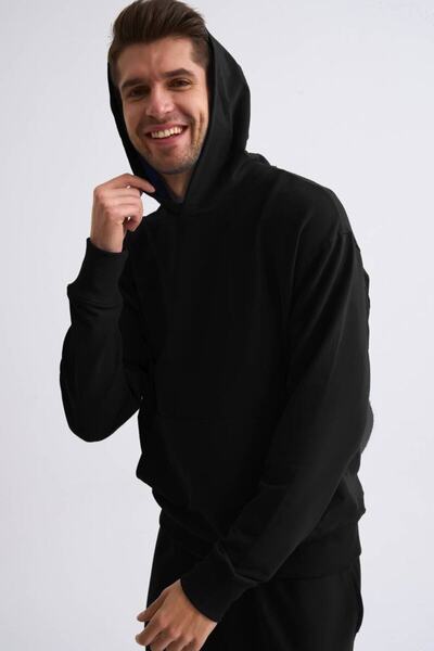 THERECOLOR Hooded Long Sleeve Black Organic Sweatshirt Men
