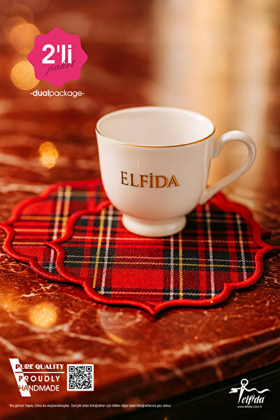 ELFİDA Lüks Kokteyl Ve Kahve Yanı Dekoratif Bardak Altlığı Nakışlı Sunum Peçetesi Ekose ( 2 ADET )