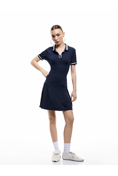 Koton Short Sleeve Striped Mini Pleated Polo Neck Dress