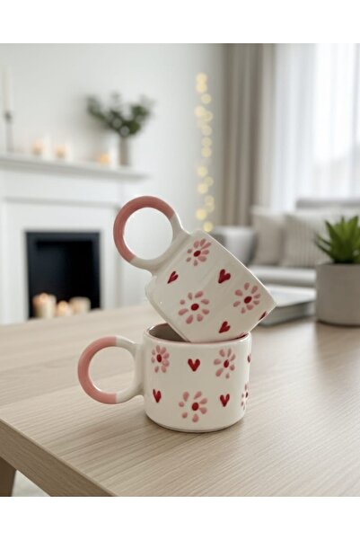 SırART 2'Li Düğüm Kulp' Special Embossed Hand-Embroidered Ceramic Mug with'Pi...