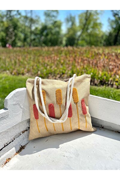 ESCE Bej Keten Punch İşleme Detaylı Çok Amaçlı Şık Plaj Çanta