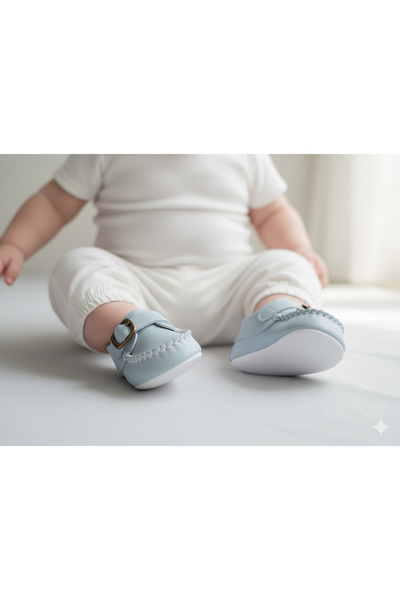 Babexi Newborn Blue Buckle Genuine Leather Baby Booties