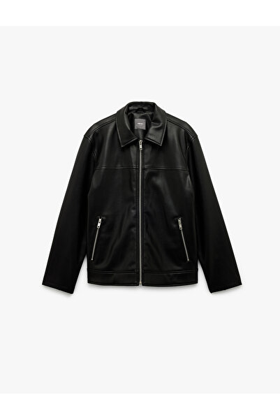 Koton Μακρυμάνικο παλτό από συνθετικό δέρμα με λεπτομέρεια τσέπης με φερμουάρ στο γιακά