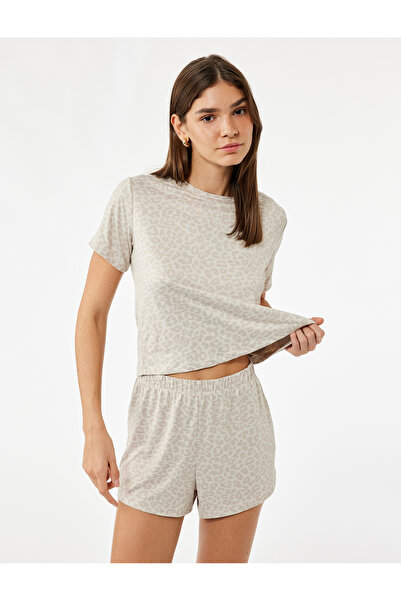 Koton Σετ πιτζάμες με κοντομάνικο λαιμόκοψη Leopard Print Shorts