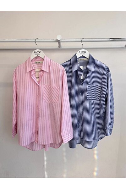 Flow Mavi Çizgili Oversize Gömlek