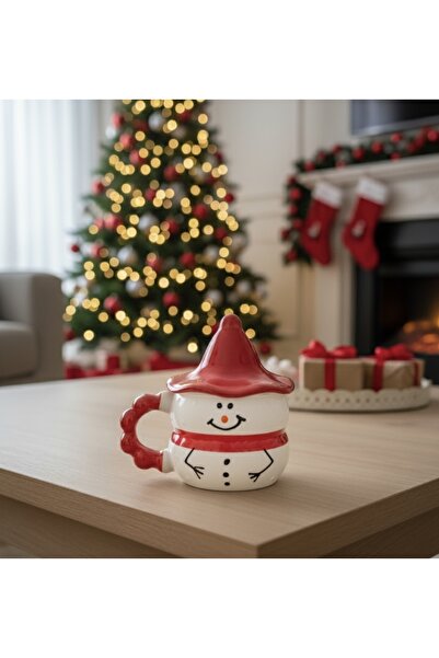 İZart Hat and Bead Handle Snowman Patterned New Year Themed Special Embossed Hand Embroidered Ceramic Mug