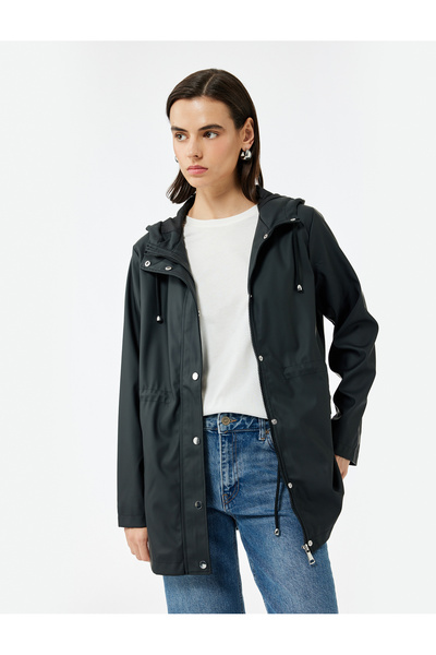 Koton Long Sleeve Zippered Hooded Raincoat with Pockets and Tieable Waist