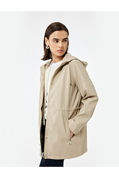 Koton Long Sleeve Zippered Hooded Raincoat with Pockets and Tieable Waist