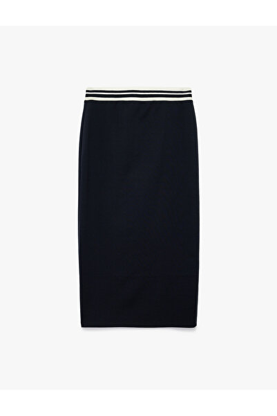 Koton Beli Çizgili Lastik Detaylı Midi Slim Fit Kalem Etek