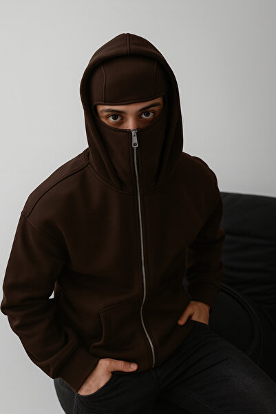 Ahsenbutik Double Hooded Relaxed Fit Cotton Fleece Lined Half Zipper Stand Collar Biker Sweatshirt