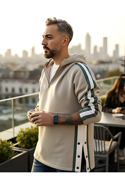 higo Şerit ve Düğme Detaylı Oversize Erkek Kapüşonlu Sweatshirt