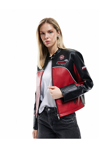 Koton Long Sleeve Color Block Pocket Zipper Faux Leather Biker Jacket