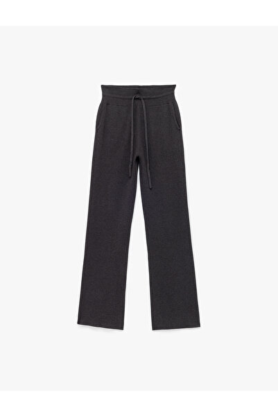 Koton Beli Bağcıklı Cepli Yüksek Bel Düz Bol Paça Triko Pantolon