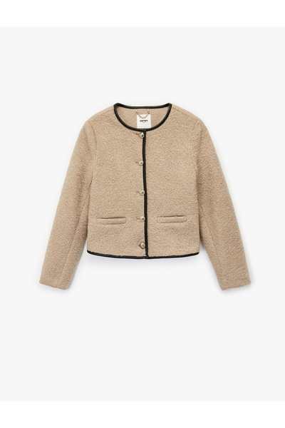 Koton Long Sleeve Buttoned Crew Neck Boucle Crop Jacket