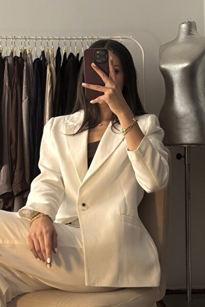 Genel Markalar Beyaz Ham Keten Blazer Ceket