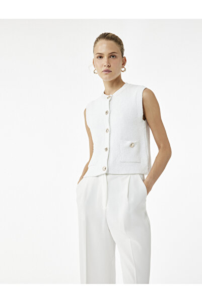 Koton Gold Düğme Detaylı Cepli Kolsuz Bisiklet Yaka Triko Yelek