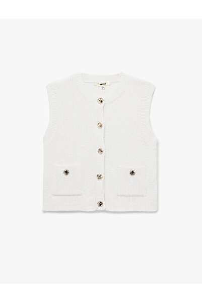 Koton Gold Düğme Detaylı Cepli Kolsuz Bisiklet Yaka Triko Yelek