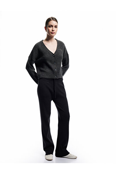 Koton Beli Bağcıklı Cepli Yüksek Bel Düz Bol Paça Triko Pantolon