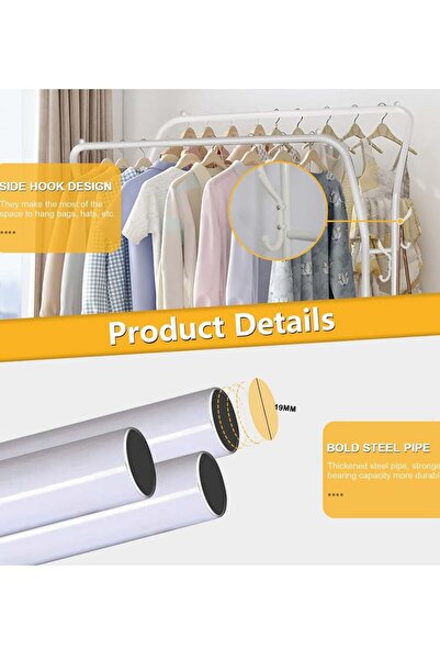 Arabest Double Rod Garment Rack with 4 Hooks, Freestanding, White
