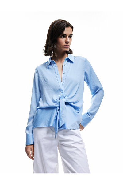 Koton Aerobin Fabric Long Sleeve Satin Shirt with Front Tie Detail