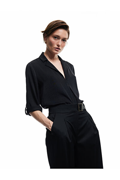 Koton Jacket Collar Fold Detail 3/4 Sleeve Satin Blouse