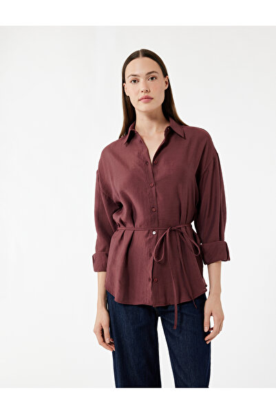 Koton Oversize Burgundy Women's Shirt with Tie Detail at Waist 6Wak60017Pw