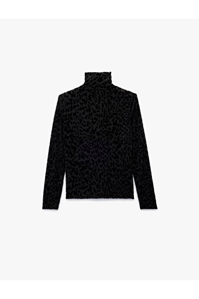Koton Long Sleeve Turtleneck Leopard Print Velvet T-Shirt
