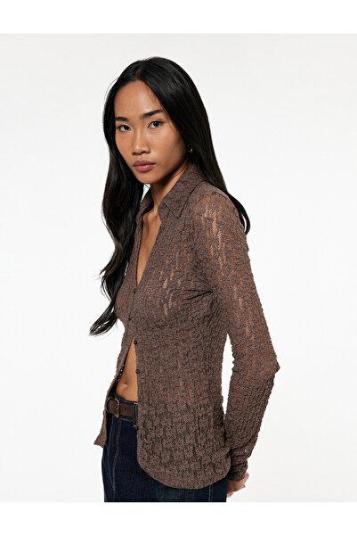 Koton Slim Fit Semi-Transparent Long Sleeve Turn-Down Collar Lace Shirt