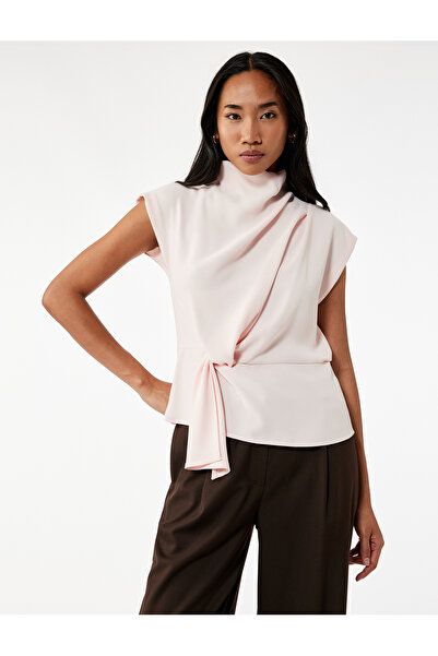 Koton Κρεπ υφασμάτινο καπάκι μανίκια Όρθιος γιακάς Λεπτομερής μπλούζα με κόμπο