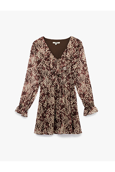 Koton Bol Kalıp Fırfırlı V Yaka Uzun Kollu Desenli Mini Şifon Elbise